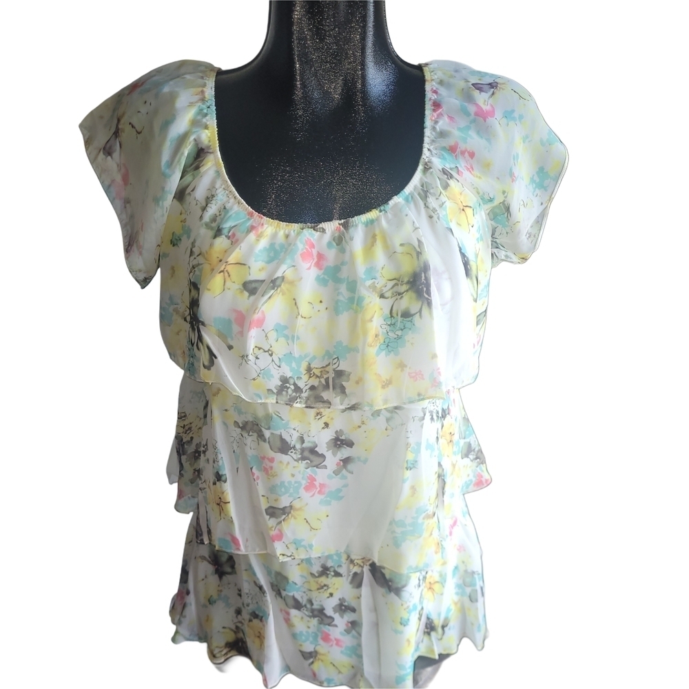 Suzy Shier Floral Layered Short Sleeve Top Size M